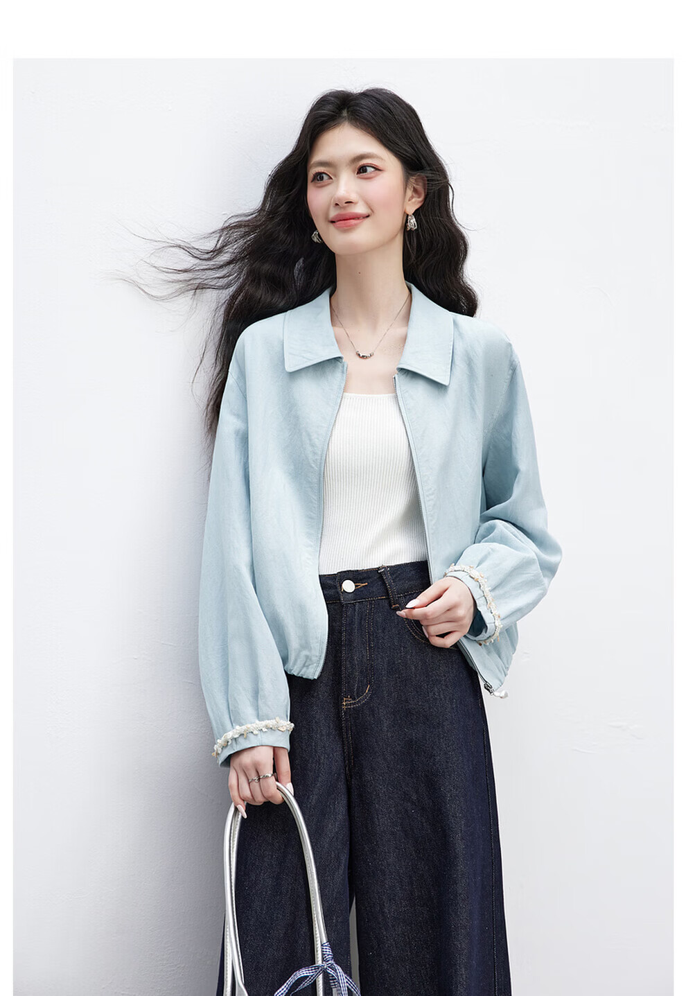 Vimly Baen Style Short Jacket for Women, Spring And Autumn New Arrival, Lyocell Fabric, Petite Versatile Lapel Coat, Water Blue, Size S 7